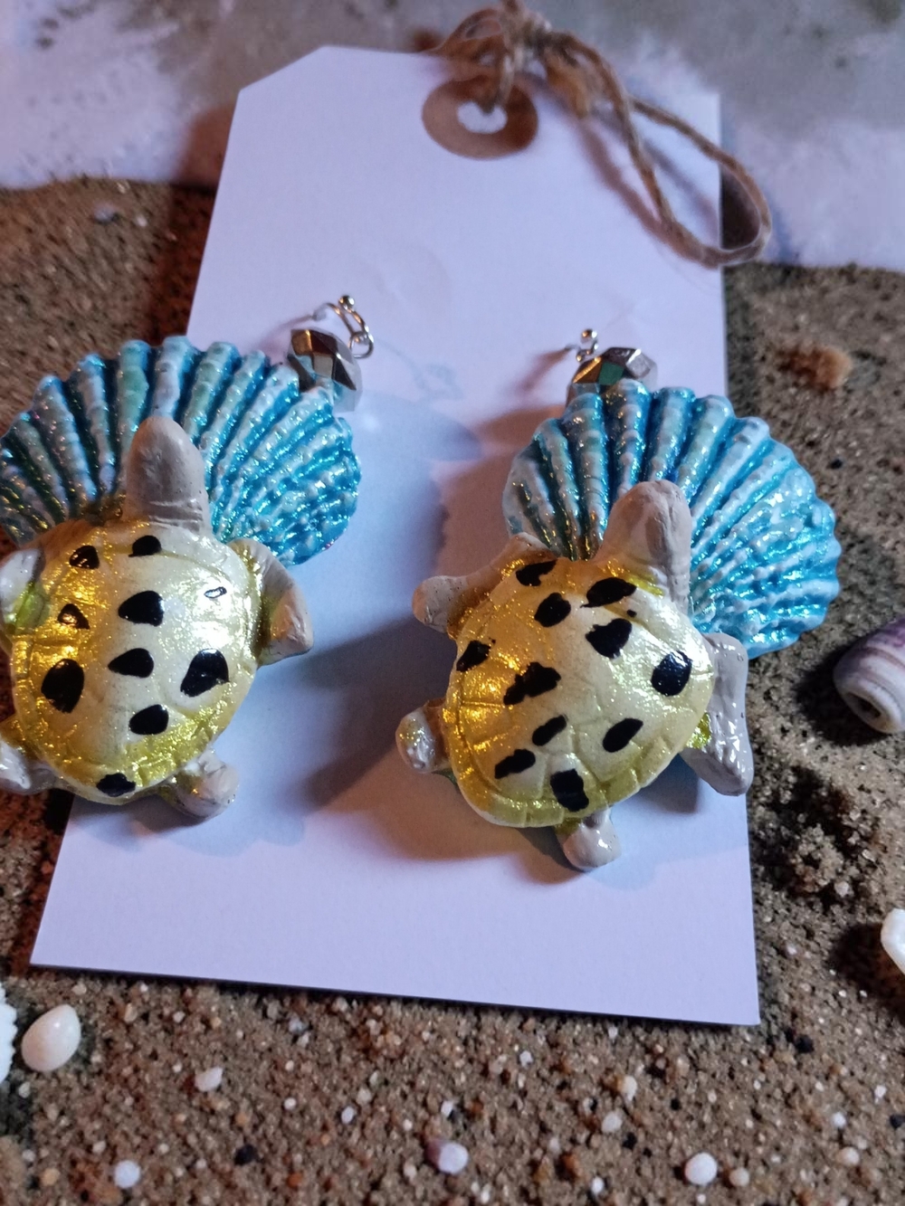 Sea Turtle Clay Shell Coastal Collection Dangle Earrings in Turquoise and Yellow